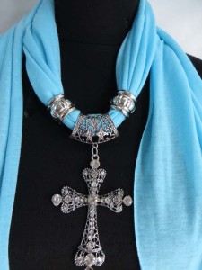 cross pendant charm scarf necklace, scarves with jewelry attached.