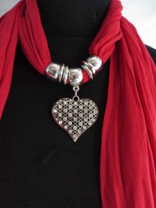 crystal rhinestone heart love pendant charm scarf necklace, scarves with jewelry attached.