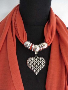 crystal rhinestone heart love pendant charm scarf necklace, scarves with jewelry attached.