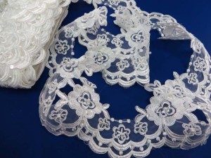 white 5 inches wide sequins faux pearl venise bridal netting lace trim