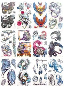 snake skull dragon scorpio temporary tattoo for guys Our warehouse staffs will randomly choose assorted designs shown on the pictures Cool and sexy designs such as ying yang, snake, spider, tiger, scorpio, dragon and more.