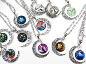 wholesale cabochon moon necklaces jewelry lot Hot designs include tree of life, galaxy, butterfly, star of David, om, animal wolf etc.