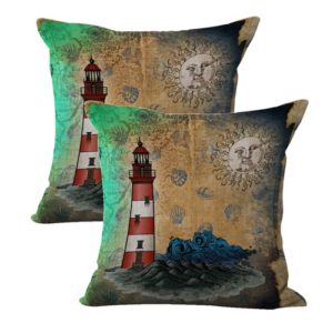 set of 2 lighthouse coastal sun face cushion cover