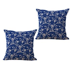 set of 2 blue Chinese porcelain geometrical print cushion cover