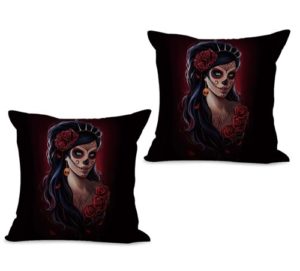 set of 2 lady sugar skull Day of the Dead cushion cover