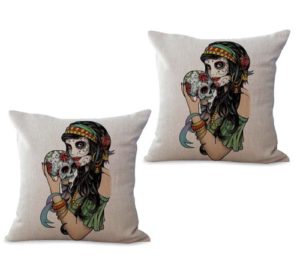 set of 2 lady sugar skull Day of the Dead cushion cover