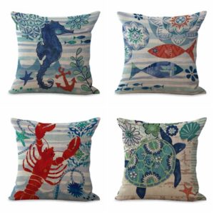 Set of 4 cushion covers marine beach turtle anchor seashell sea life We will randomly choose various designs shown on the pictures. Pillow case only, insert is not included.