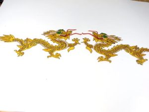 golden yellow Chinese dragon pair cloth embroidered patches 12" sequins