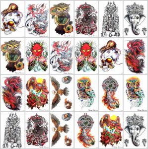 black totem Halloween owl large arm tattoo Our warehouse staffs will randomly choose assorted designs shown on the pictures. Sexy and cool designs such as Ganesha black totem Halloween devil evil sugar skull owl and more.