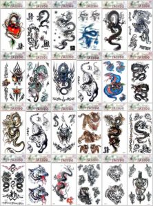 Asian dragon cat tiger temporary tattoo Our warehouse staffs will randomly choose assorted designs shown on the pictures. Sexy and cool designs such as black totem Halloween Asian dragon cat tiger gun koi carp fish wolf scorpio and more.