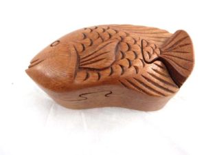 fish wooden puzzle trinket box jewelry box with secret compartment and hidden openings Handmade in Bali, Indonesia.