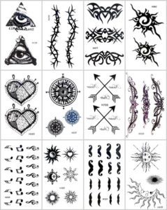 arrow compass temporary tattoo Our warehouse staffs will randomly choose assorted designs shown on the pictures. Sexy and cool designs such as eye of Horus, arrow, compass, stars, tramp stamp, anchor, ship wheel, moon, music note, and more.