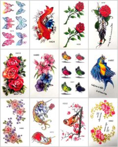 koi fish rose temporary tattoo Our warehouse staffs will randomly choose assorted designs shown on the pictures. Sexy and cool designs such as butterfly, birds, koi carp fish, rose, lilly flower and more.
