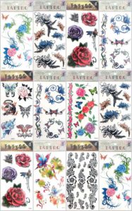 12 sheets butterflies roses temporary tattoo Quantity: 12 sheets (Our warehouse staffs will randomly choose assorted designs shown on the pictures) Sexy and cool designs such as rose sun flower tramp stamp butterfly and more.