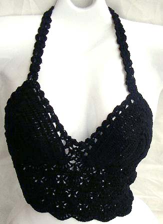 Black crochet top with swirl cup and bottom design in fan pattern