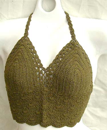 Dark green crochet top with swirl cup and bottom design in fan pattern