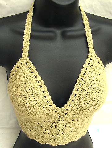 Yellow crochet top with swirl cup and bottom design in fan pattern