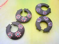 Daisy flower painting wooden flat hoop earrings with stick