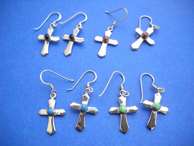 Fashion fish hook bronze cross earring gemstone inlay in the middle, wholesale bronze jewelry