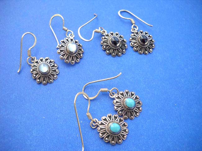 Bronze jewelry fashion flower fish hook earring Earring Stone: Black or red onyx, blue or green turquoise, seashell, wholesale jewelry manufacturer