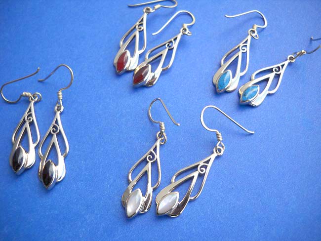 Filigree double water-drop bronze earring Earring Stone: Black or red onyx, blue or green turquoise, seashell,jewelry wholesaler