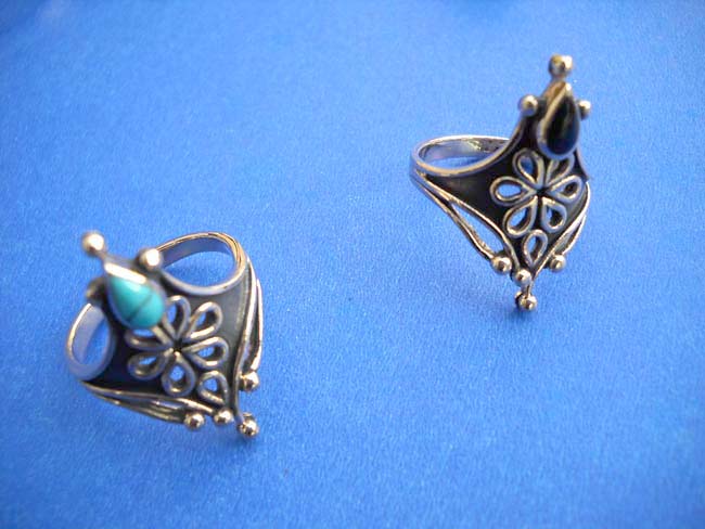 Wide diamond bronze ring with flower and water-drop gemstone Ring Stone: Black or red onyx, blue or green turquoise, seashell