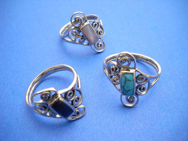 Vintage filigree spiral bronze ring Ring Stone: Black or red onyx, blue or green turquoise, seashell