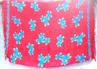 lava lava sarong, Hawaaiian Aloha plumeria blue flowers with red background