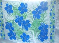 beach casual wear dress sarongs Caribbean style, large blue hibiscus and palm leaf on white background