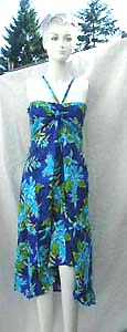 fashion beach wear dress in tropical theme pattern with unique, uneven, hemline and slimming top