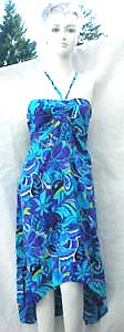 fashion beach wear dress in tropical theme pattern with unique, uneven, hemline and slimming top