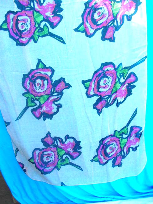 thin light polyester scarf with large roses, assorted hot pink, blue, grey and white background