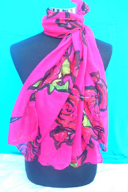 thin light polyester scarf with large roses, assorted hot pink, blue, grey and white background