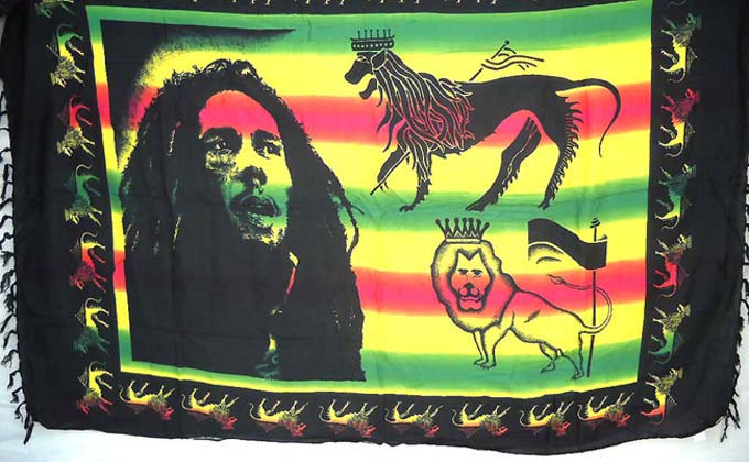 Rainbow Bob Marley with lion sarong, Bob Marley Jamaican clothing garment accessories