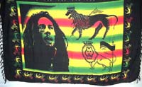 Rainbow Bob Marley with lion sarong, Bob Marley Jamaican clothing garment accessories. 