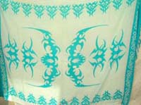 Blue tribal tattoo art design on white batik wrap skirt