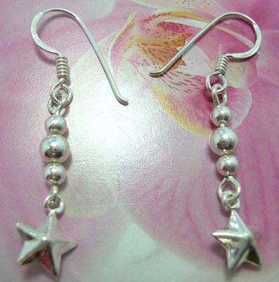 Stylish jewelry retail wholesaler - 3 silver beads with star dangling at bottom of sterling silver fish hook earring 