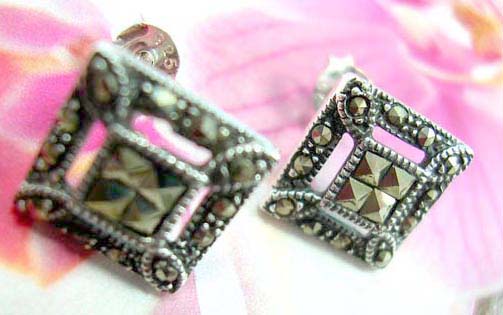 Warehouse jewelry supplier - Double diamond designed sterling silver earrings with multi mini marcasites