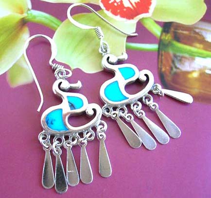 Ladies fashion supply shop -  fish hook sterling silver earrings with turquoise stone and 5 silver tear-drops 