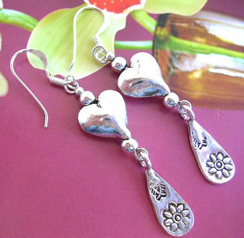Solid dangling heart and flower carving in rain drop designed sterling silver Fish hook earring - Accessory distribution catalog
