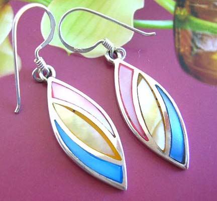 Pointed oval designed Fish hook earrings in 925. sterling silver with  mother of seashell - Jewelry outlet dealer