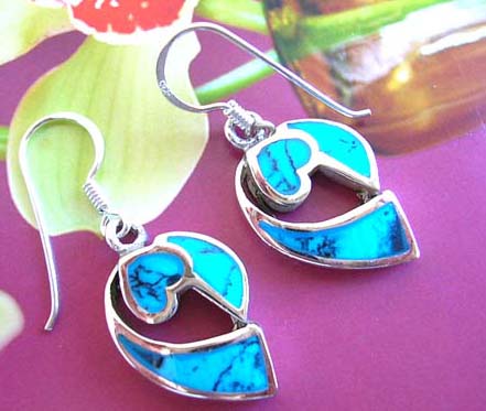 Womens wholesale supply exporter - Winged heart with blue turquoise inlaid in 925. sterling silver fish hook earrings