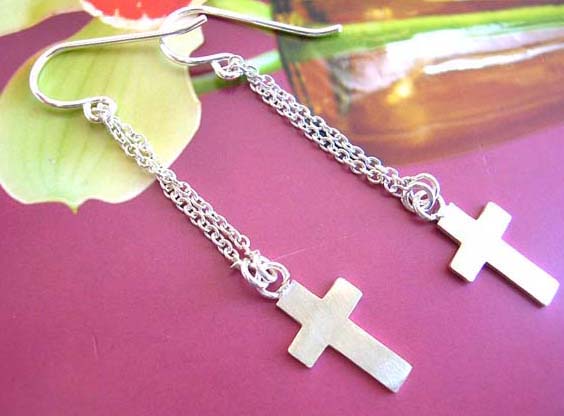 Double chain Fish hook sterling silver earring with religious cross - Jewelry export company