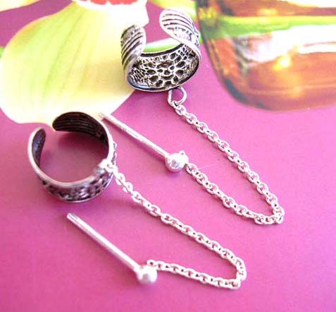 Womens supply outlet trader - Trendy sterling silver ear clip earrings with single chain holding unique patterned ear clip