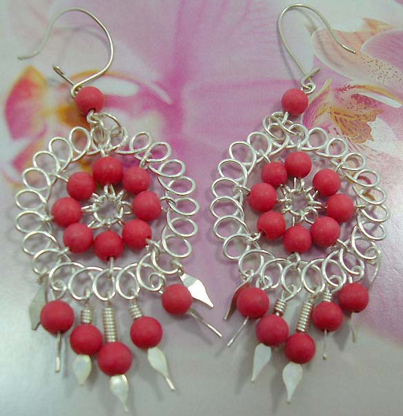 Wholesale fashion boutique - Ornate dream catcher inspired, 925.stamped sterling silver earring with red stone beads
