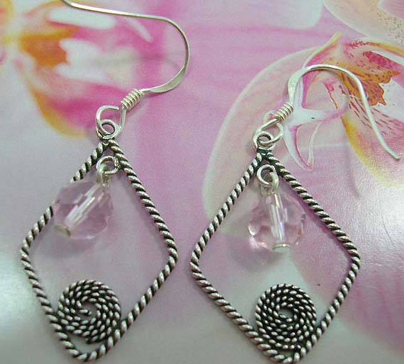 Diamond shaped fish hook earrings with spiral design and cz gem, made from sterling silver - Export wholesale jewelers