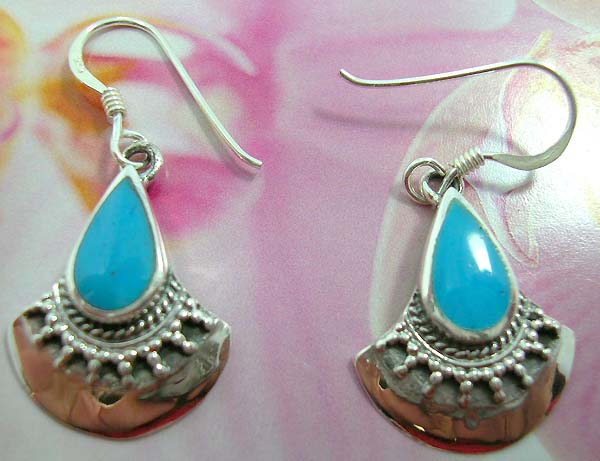 Online Antique designed, 925.sterling silver fish hook earring with blue turquoise rain-drop shape shopping outlet