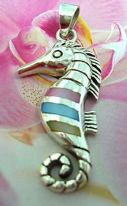  Stylish wholesale jewelry distributor - Ocean Seahorse pendant made of 925. sterling silver with 3 mini color seashell chips      