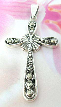  Premier marcasites inlaid in arms of sterling silver cross pendant with flower in center - wholesale boutique jewelers     