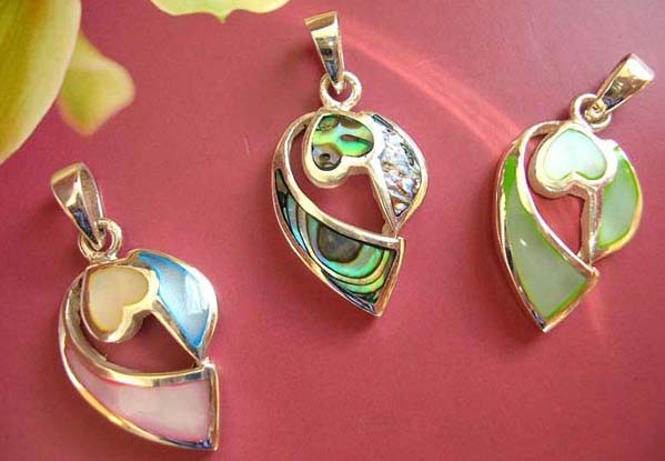  Pendant jewelry outlet source - Colored mother of pearl chips inlaid in heart and ribbon theme sterling silver necklace charm     